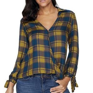 V-neck plaid lace-up cuff blouse